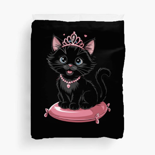 Royal Black Cat with Tiara and Jewels on Pink Duvet Covers