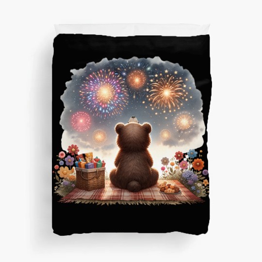 Fireworks Picnic Bear – Night Sky Celebration View Duvet Covers