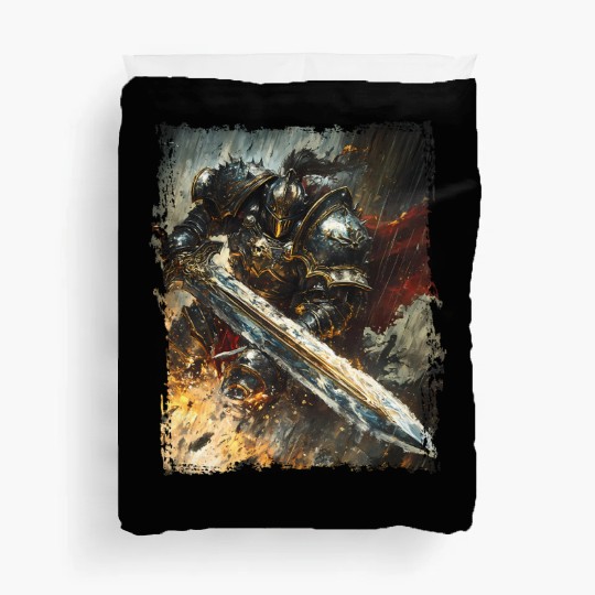 Golden Powerful Knight in Storm with Flaming Sword Duvet Covers