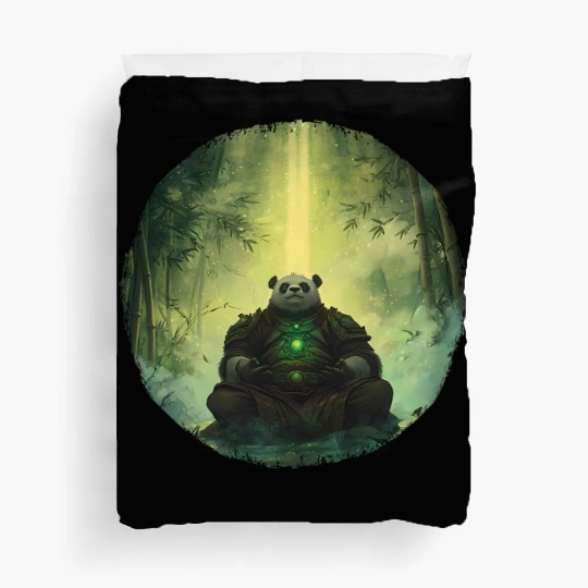 Meditating Panda Monk in a Glowing Bamboo Grove Duvet Covers