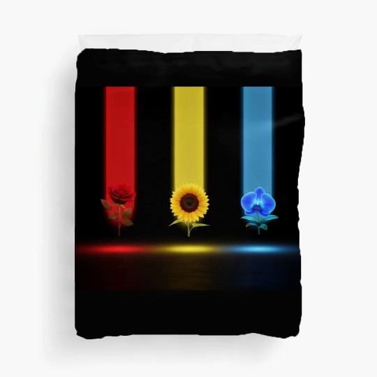 Three Glowing Blooms: Rose, Sunflower, and Orchid Duvet Covers