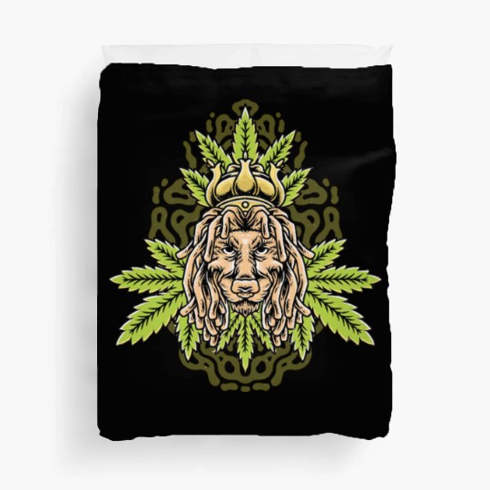 handdrawn lion marijuana leaf with old school t Duvet Covers