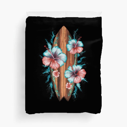 Hawaiian Surfer Surfing Beach Surfboard Hibiscus Duvet Covers