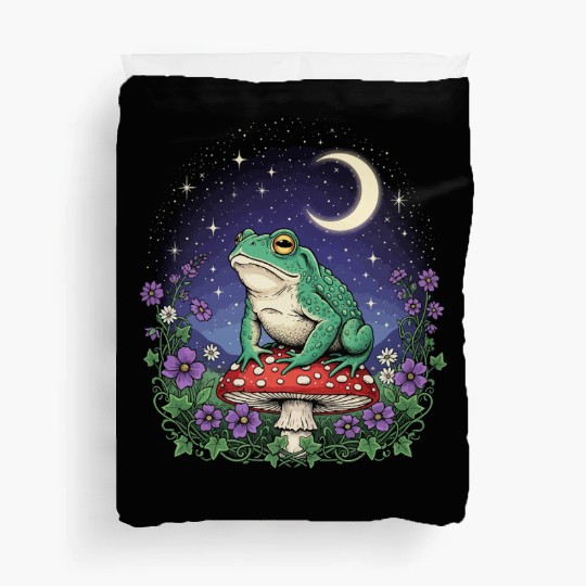 Green Frog on Red Mushroom - Starry Night Duvet Covers