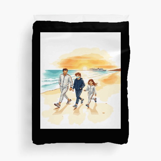 family walking along the beach. Duvet Covers