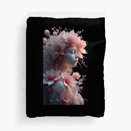 Ethereal Floral Portrait - Woman with Coral Pink Duvet Covers