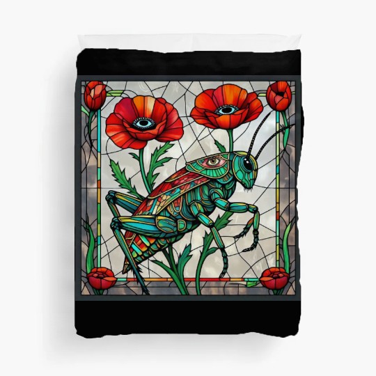 Grasshopper cricket stained glass poppy flower Duvet Covers