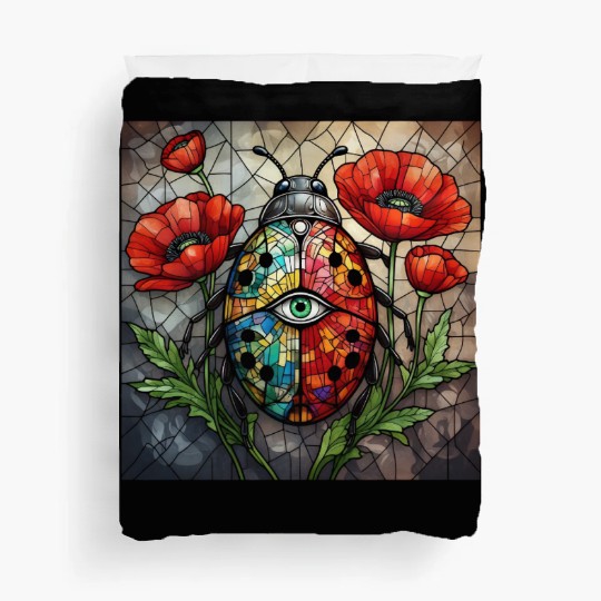 Ladybug stained glass vibrant poppy flower insect Duvet Covers