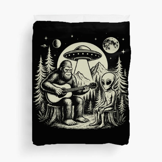 Bigfoot Playing Guitar With Alien And UFO Vintage Duvet Covers