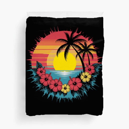 Tropical Sunset Paradise with Hibiscus and Palm Duvet Covers