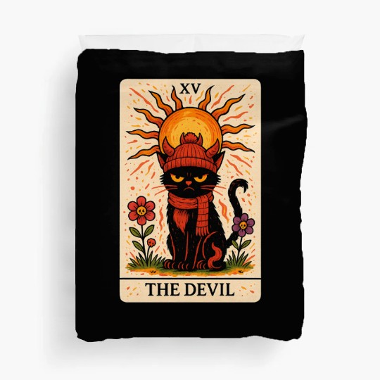 Devil Cat Tarot Card, Grumpy Cat Art, Mystical Duvet Covers