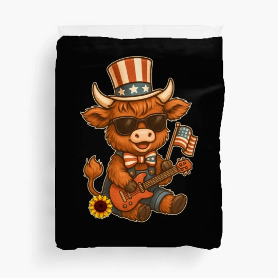 Funny Highland Cow Patriotic Outfit Playing Guitar Duvet Covers