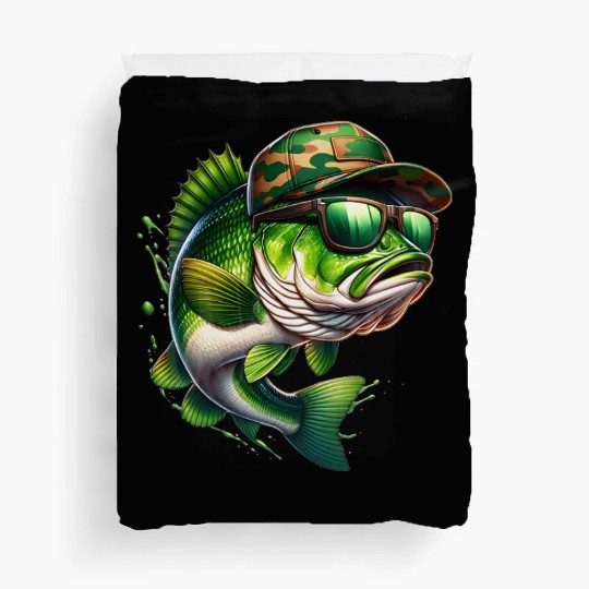 Camo Hat Bass Fish with Green Sunglasses Duvet Covers