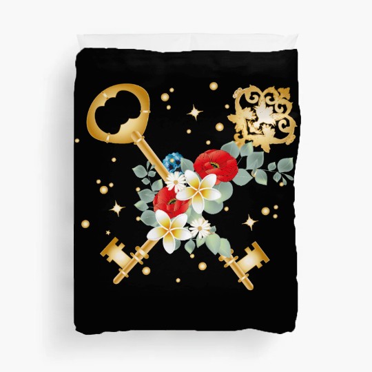 Crossed Keys with Flowers in Gold Style Duvet Covers
