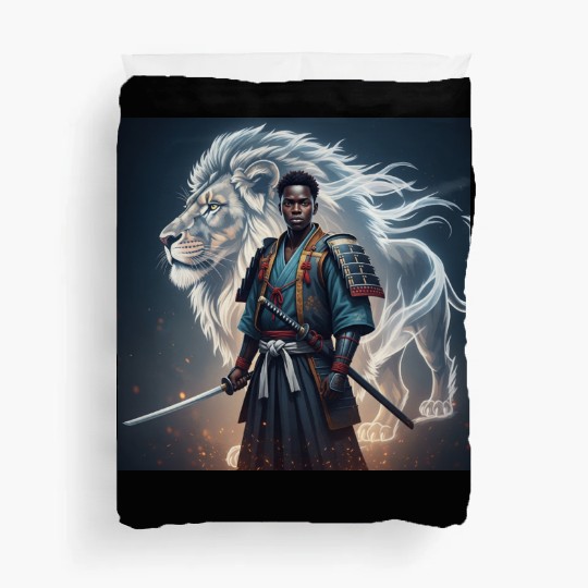African Samurai With Spirit Lion Duvet Covers