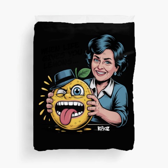 Smiling woman holding sour lemon cartoon face Duvet Covers