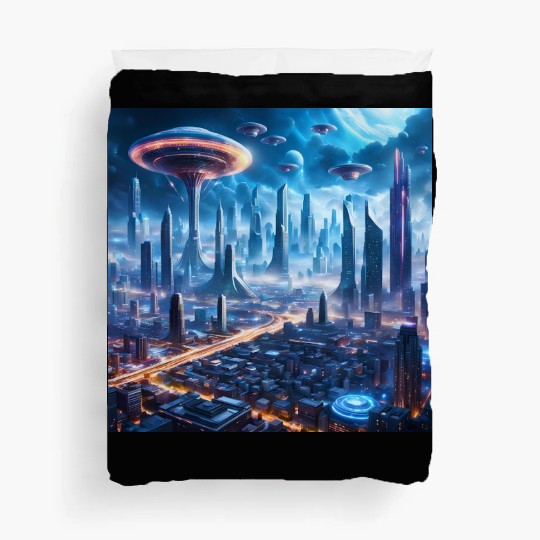 Cyberpunk World Cityscape with Alien Ufo Skies Duvet Covers