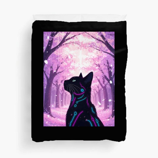 Midnight Cyber Cat | Pink Cherry Blossom Forest Duvet Covers