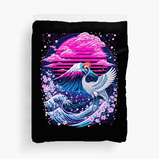 Neon Sakura Crane & Mount Fuji Scene Duvet Covers