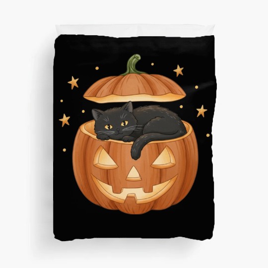 Black Cat in Jack-O-Lantern Pumpkin Duvet Covers
