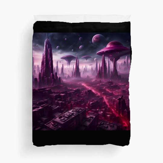 Sci-Fi Future World And Alien City in Neon Pink Duvet Covers