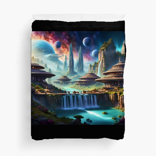 Sci-Fi World Space Alien Landscape Art UFO City  Duvet Covers