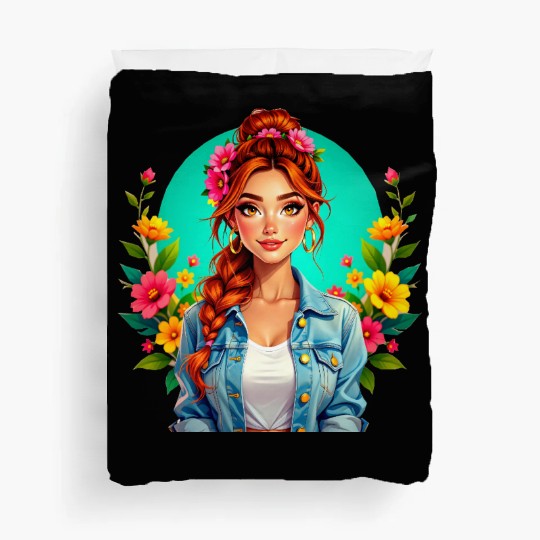 Teen Girl Aesthetic – Floral Cartoon Portrait Duvet Covers