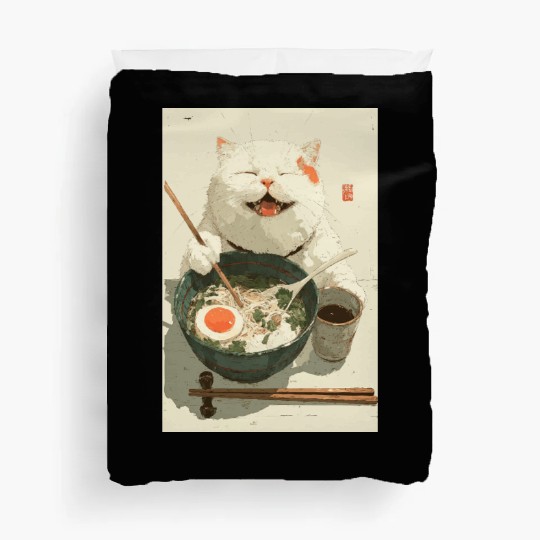 Happy White Cat Eating Ramen Duvet Covers