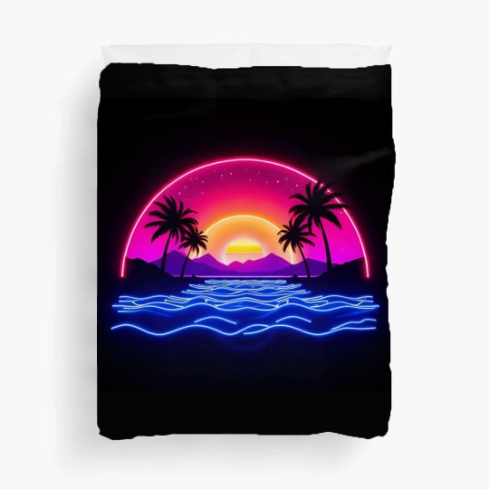 Neon Sunset Over Tropical Island Duvet Covers