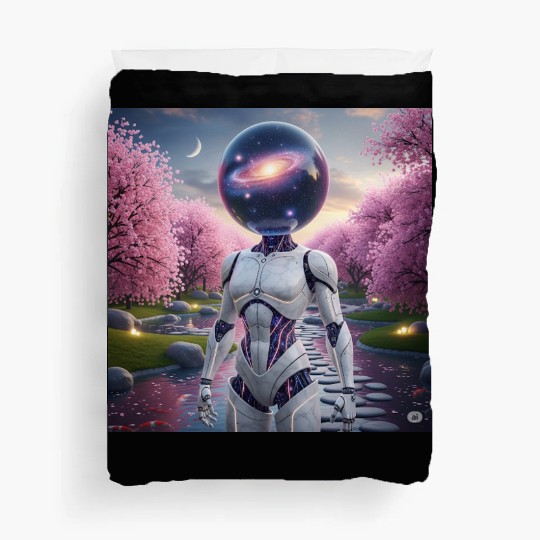 Futuristic Robot in Cherry Blossom Paradise Duvet Covers