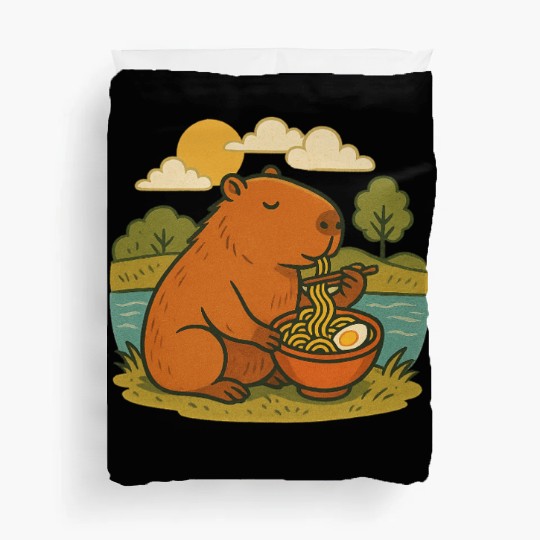 Bear Enjoying Ramen by the Lake Duvet Covers