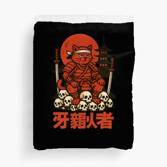 Samurai Cat with Skulls and Pagoda Duvet Covers