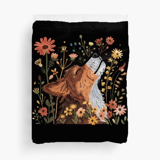Serene Howling Wolf Amid Floral Bloom Duvet Covers