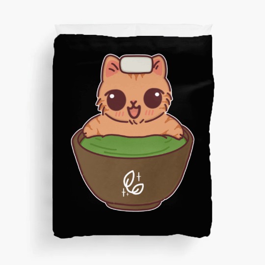 Kawaii Cat in Matcha Onsen Duvet Covers