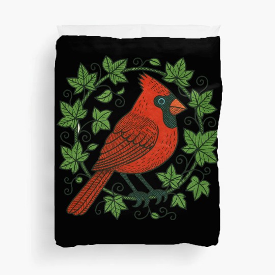 Vibrant Cardinal Amidst Ivy Leaves Duvet Covers