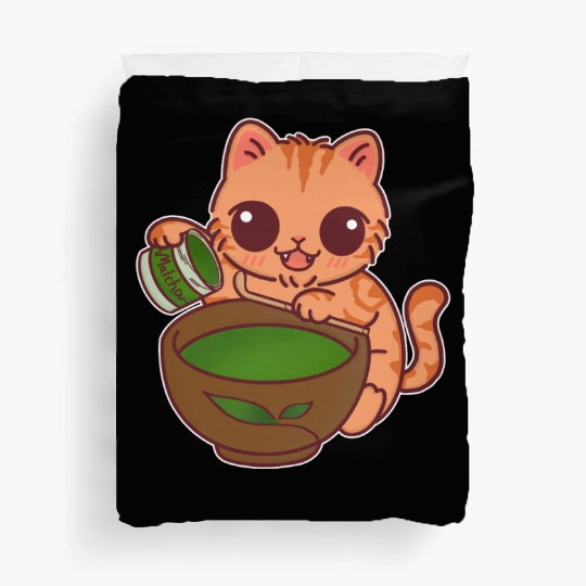 Kawaii Cat Barista Making Matcha Tea Duvet Covers