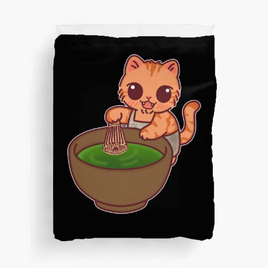 Kawaii Cat Matcha Barista Whisking Tea Duvet Covers