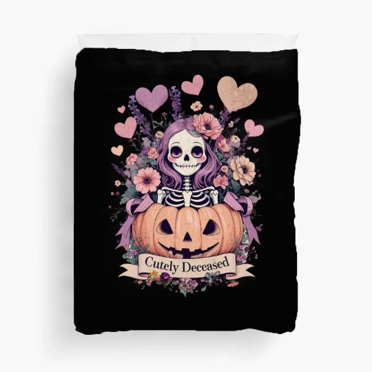 Whimsical Skeleton with Pumpkin and Floral Accents Duvet Covers