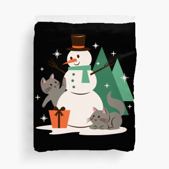 Festive Snowman with Cats and Pine Trees Duvet Covers