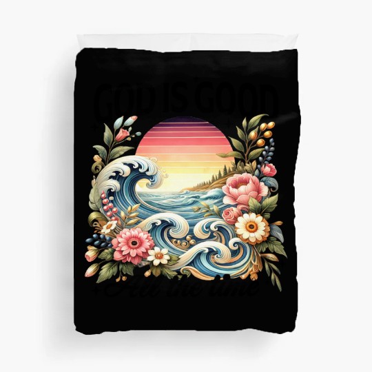 Elegant Wave and Floral Sunset Scene - GOD IS GOOD Duvet Covers