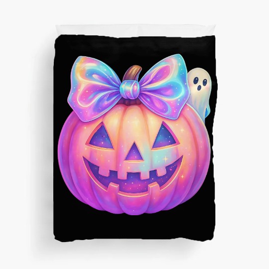 Glowing Halloween Pumpkin with Iridescent Bow Duvet Covers