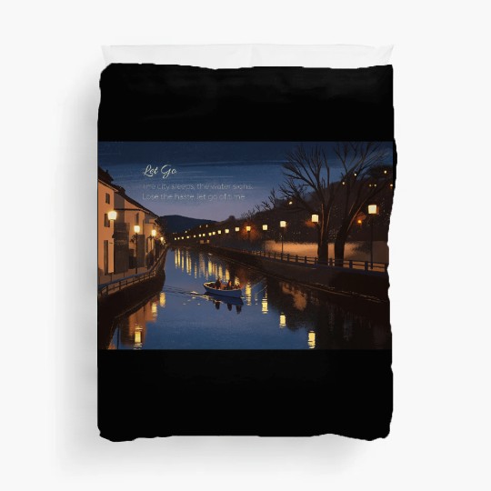 Serene Night Riverside Boat Scene Duvet Covers