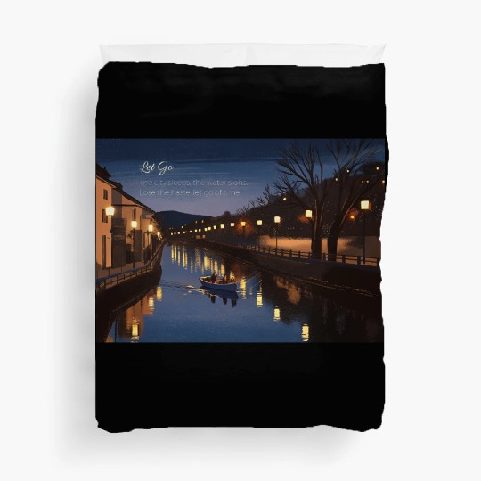 Serene Night Riverside Boat Scene Duvet Covers