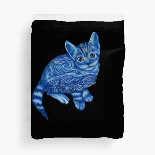 Blue Van Gogh Starry Night Bengal Cat Illustration Duvet Covers