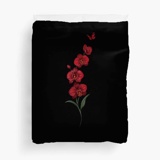 Red Orchid Flowers illustration with red butterfly Duvet Covers