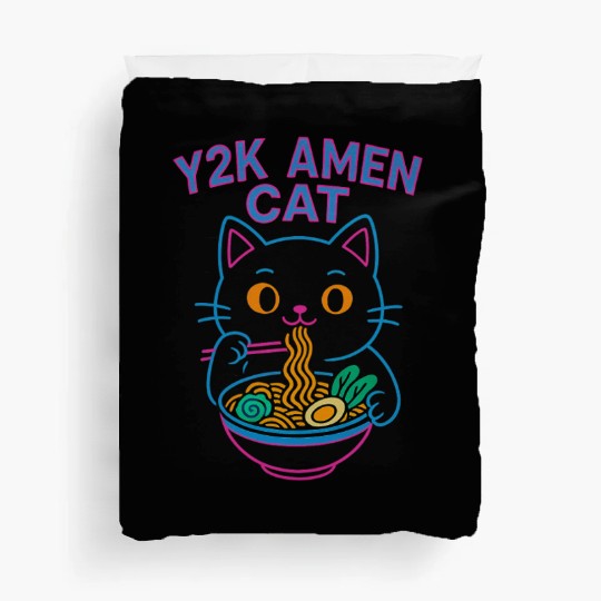 Y2K Ramen Cat – Retro Neon Anime Noodle Lover Desi Duvet Covers