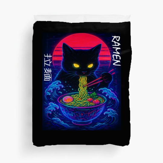 Neon Black Cat Ramen Art Duvet Covers