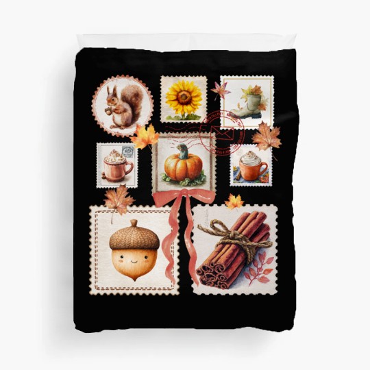 Watercolor Autumn Postage Stamps Fall Vibes Autumn Duvet Covers