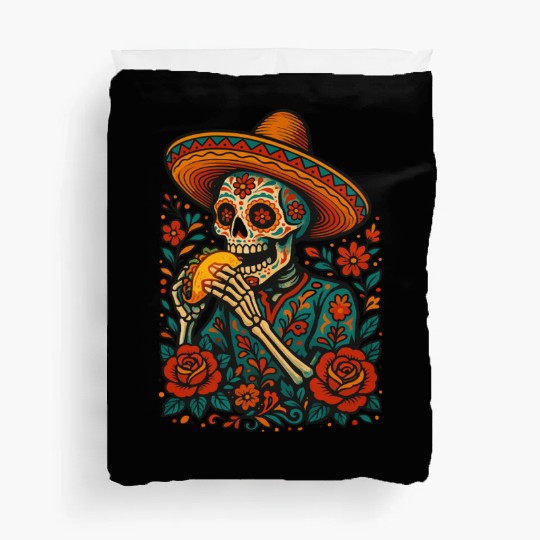 Day of the Dead Skeleton Eating Taco Mexican Folk  Duvet Covers