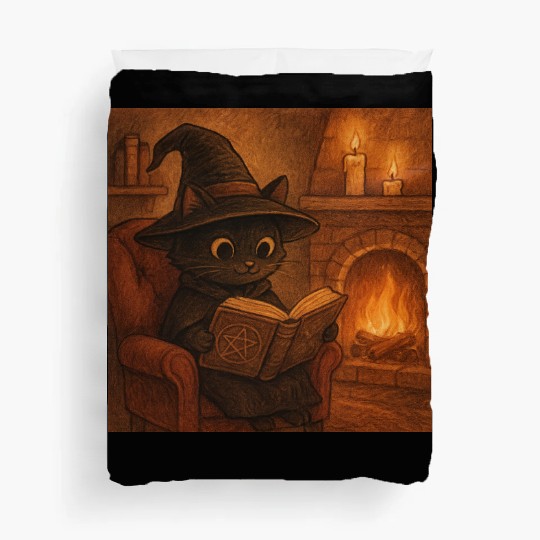 Enchanted Cat Witch by the Fireplace Duvet Covers
